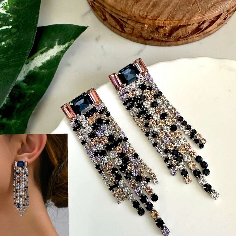 Rhinestone Navy Multicolor Tassel Earrings Art Deco Nouveau Sparkle Jewelry NEW